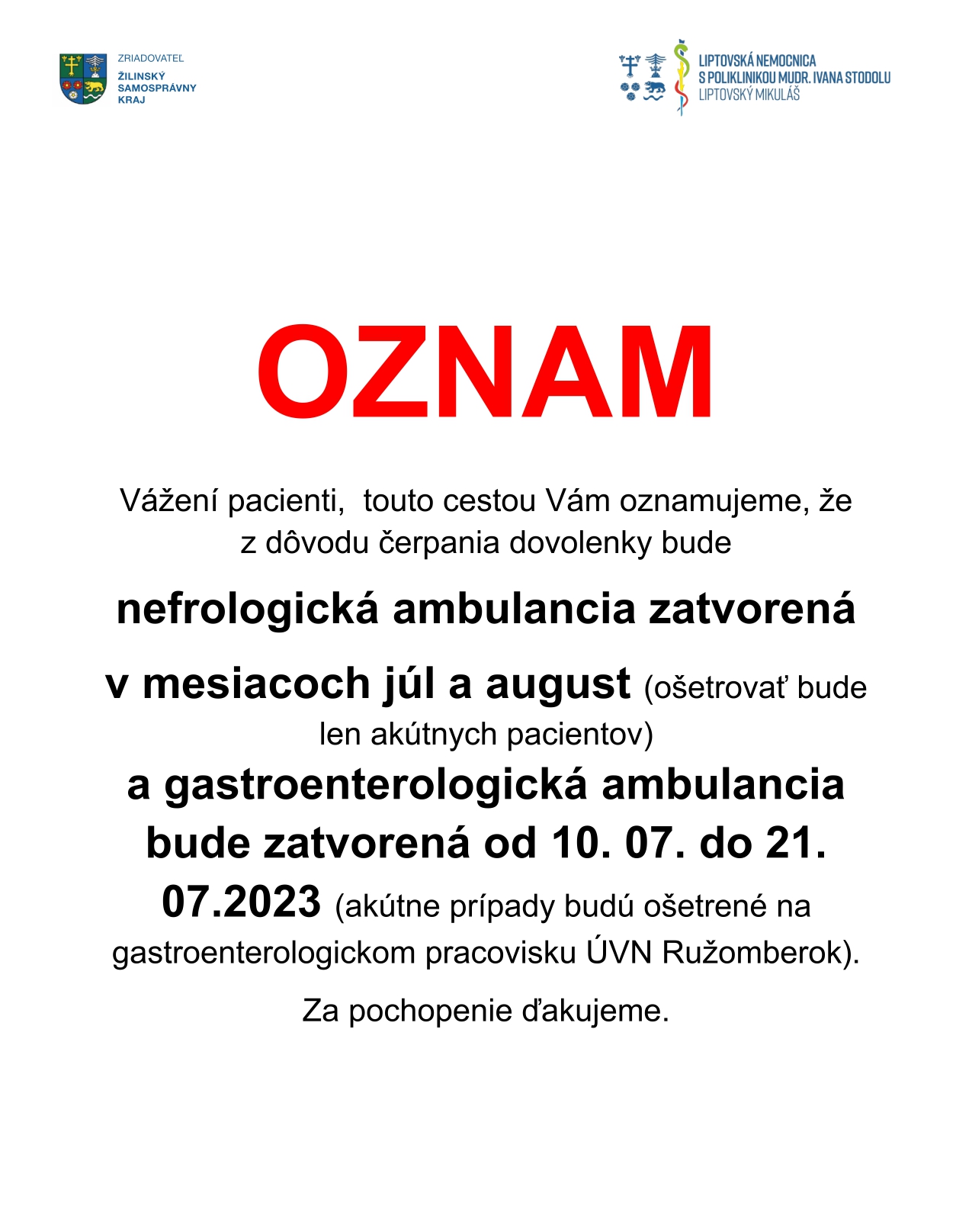 Oznam pre pacientov nefrologickej ambulancie a gastroenterologickej ambulancie